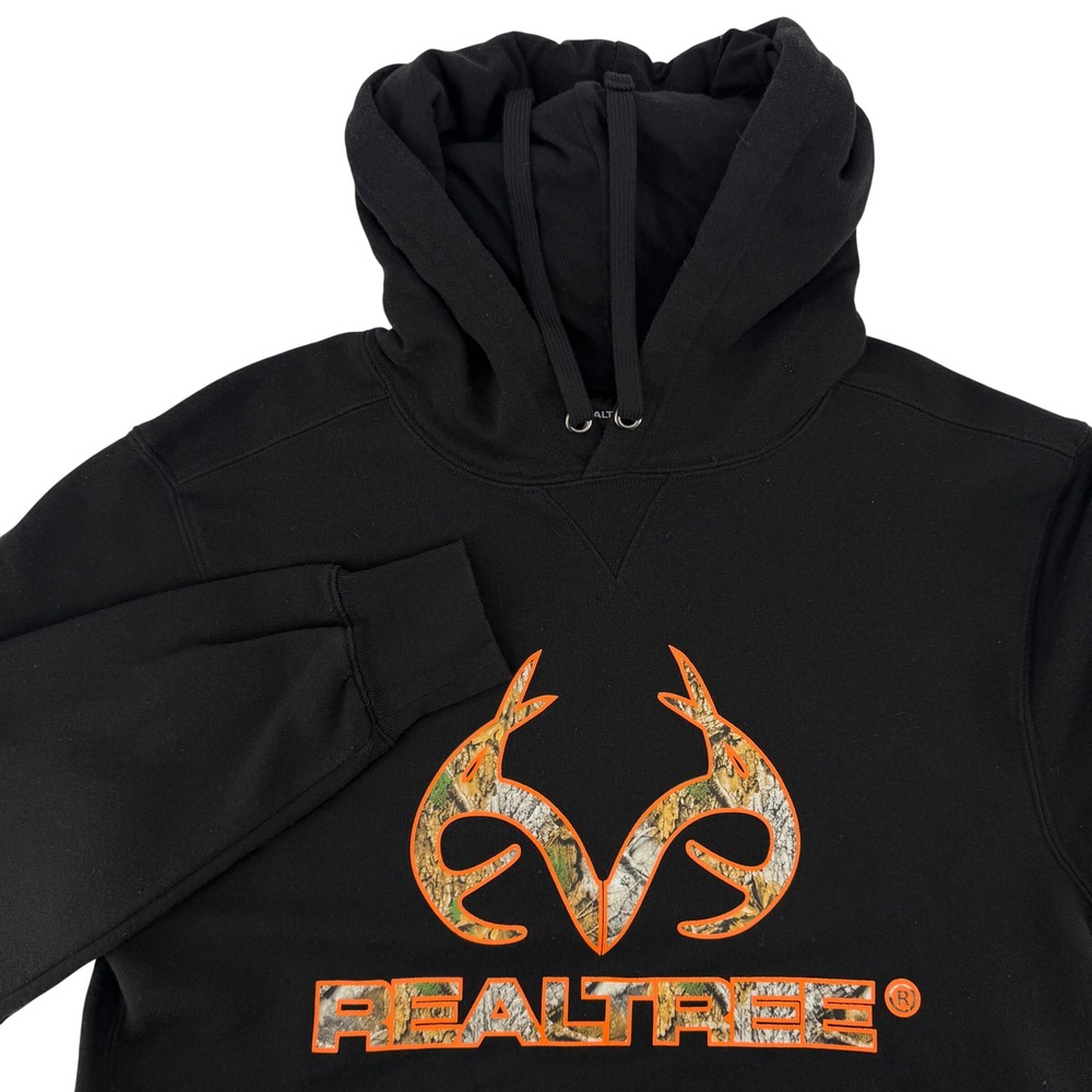 Realtree Mens Hoodie Black Camo Logo Orange Outline Fleece Pullover Medium